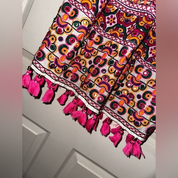 Calypso St. Barth women’s neon embroidered tassle linen top L bohemian beach - Picture 7 of 8